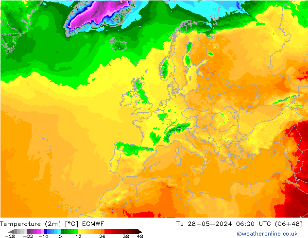 Temperature (2m) ECMWF Tu 28.05.2024 06 UTC