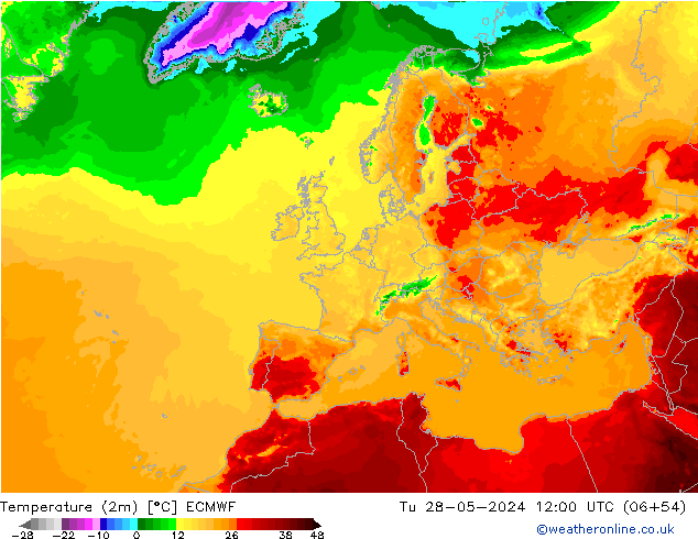 Temperature (2m) ECMWF Tu 28.05.2024 12 UTC