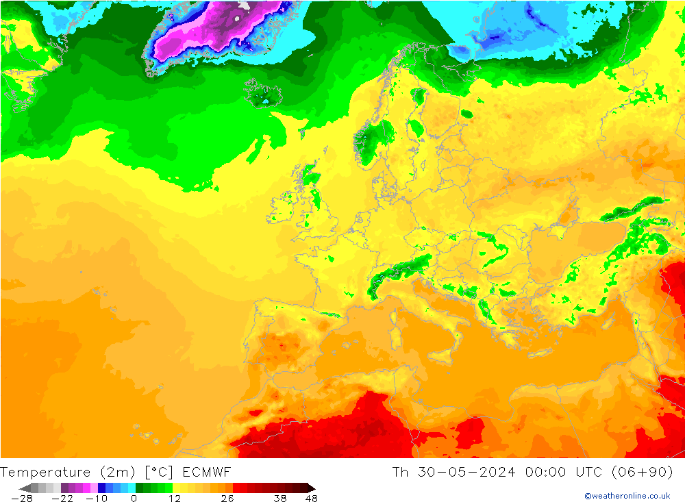 mapa temperatury (2m) ECMWF czw. 30.05.2024 00 UTC