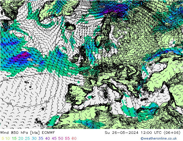 Wind 850 hPa ECMWF So 26.05.2024 12 UTC