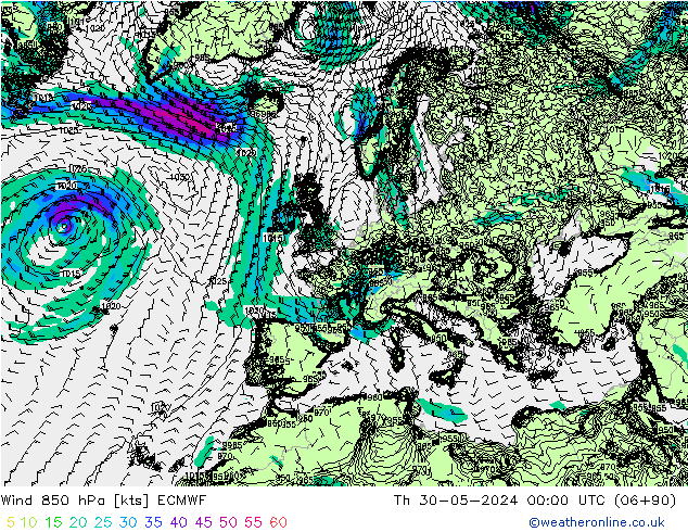Wind 850 hPa ECMWF do 30.05.2024 00 UTC