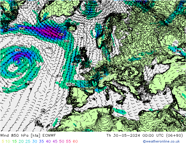 Wind 850 hPa ECMWF Do 30.05.2024 00 UTC