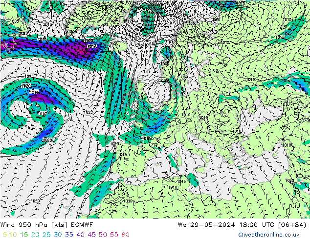 Wind 950 hPa ECMWF We 29.05.2024 18 UTC