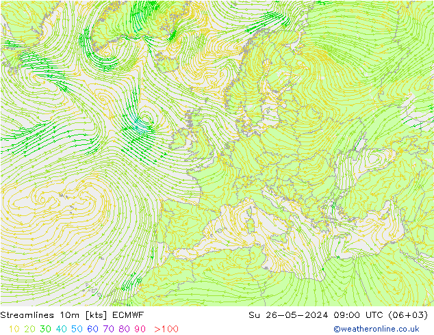 Stroomlijn 10m ECMWF zo 26.05.2024 09 UTC