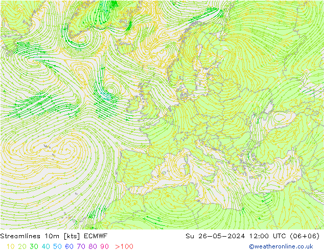 Streamlines 10m ECMWF Su 26.05.2024 12 UTC