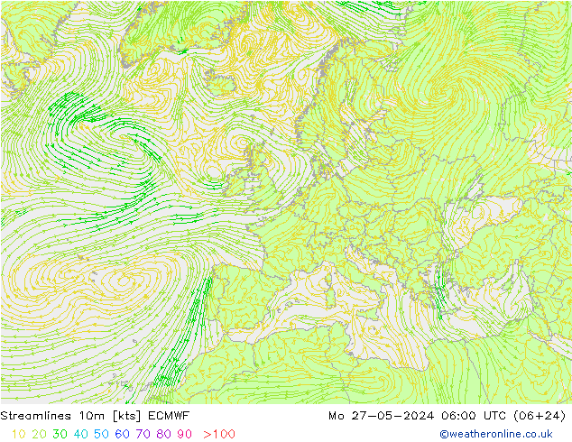 Streamlines 10m ECMWF Mo 27.05.2024 06 UTC