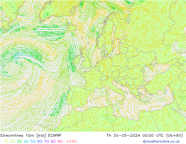 Streamlines 10m ECMWF Čt 30.05.2024 00 UTC