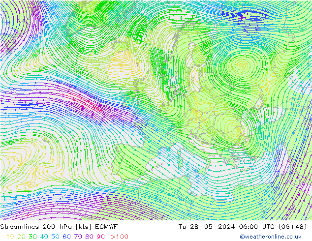 Línea de corriente 200 hPa ECMWF mar 28.05.2024 06 UTC