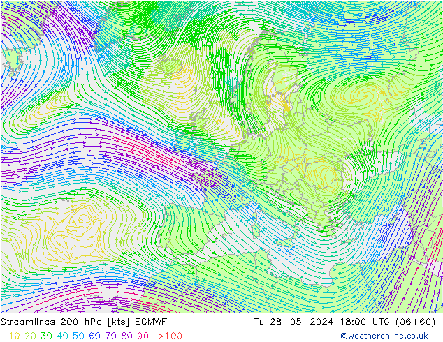 Stromlinien 200 hPa ECMWF Di 28.05.2024 18 UTC