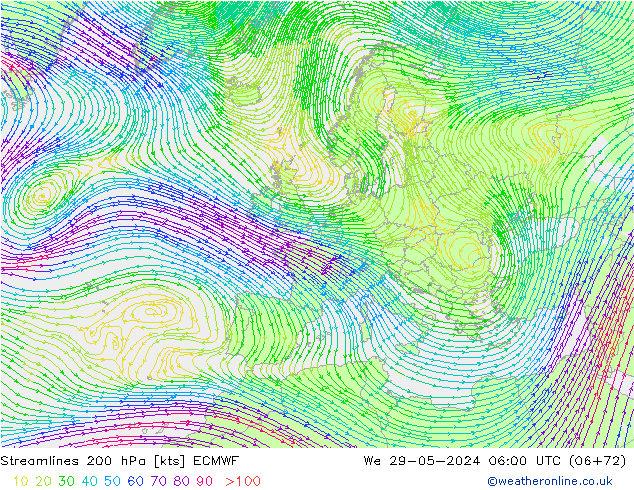 Streamlines 200 hPa ECMWF We 29.05.2024 06 UTC