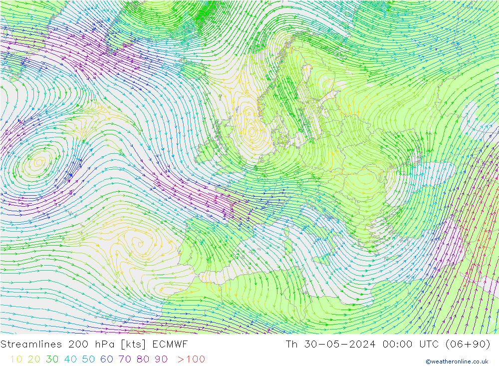 Streamlines 200 hPa ECMWF Th 30.05.2024 00 UTC