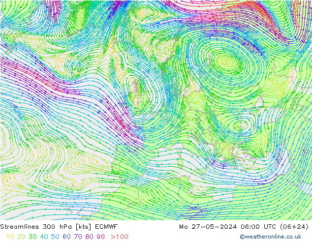 Linia prądu 300 hPa ECMWF pon. 27.05.2024 06 UTC