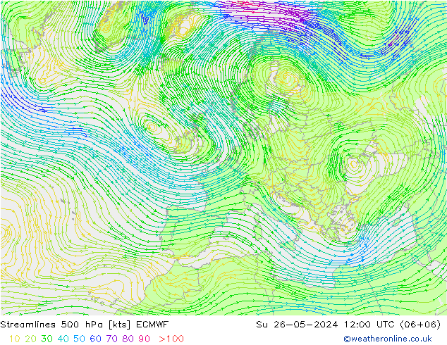 Linea di flusso 500 hPa ECMWF dom 26.05.2024 12 UTC