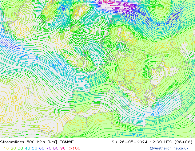 Stroomlijn 500 hPa ECMWF zo 26.05.2024 12 UTC