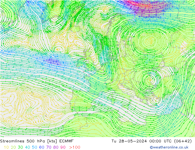 Streamlines 500 hPa ECMWF Út 28.05.2024 00 UTC