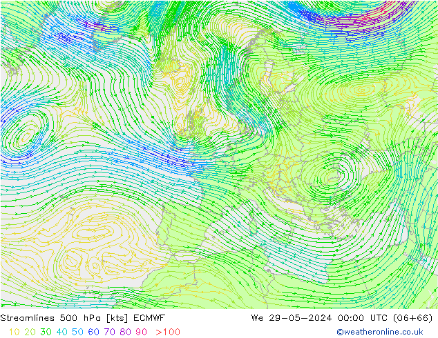 Stromlinien 500 hPa ECMWF Mi 29.05.2024 00 UTC