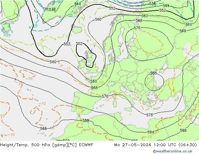 Z500/Rain (+SLP)/Z850 ECMWF пн 27.05.2024 12 UTC