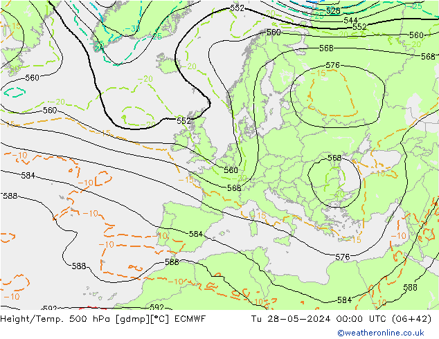 Height/Temp. 500 hPa ECMWF wto. 28.05.2024 00 UTC