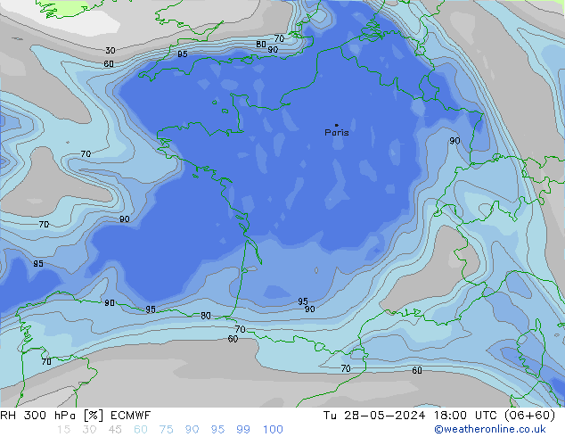 Humedad rel. 300hPa ECMWF mar 28.05.2024 18 UTC