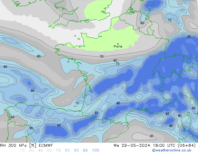 RH 300 hPa ECMWF Qua 29.05.2024 18 UTC