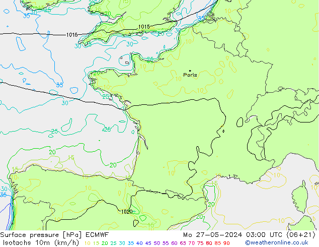 Isotachs (kph) ECMWF  27.05.2024 03 UTC