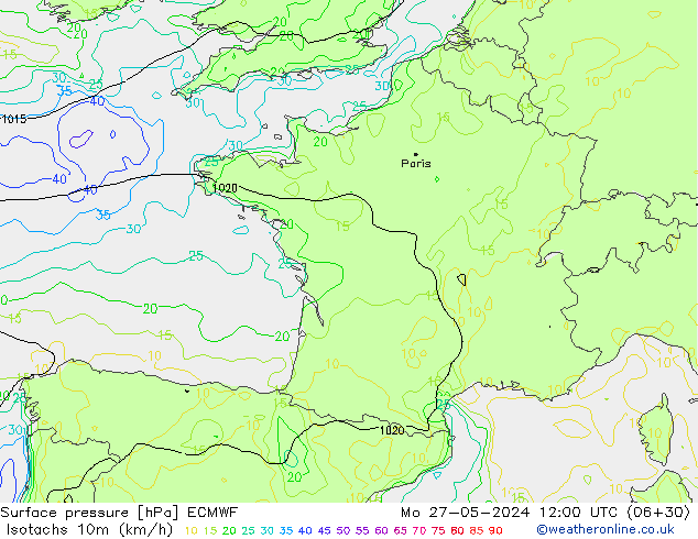 Isotachs (kph) ECMWF Po 27.05.2024 12 UTC