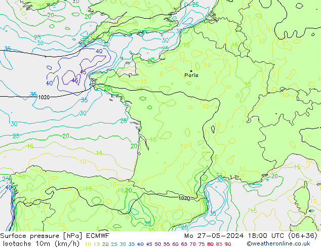 Isotachs (kph) ECMWF Mo 27.05.2024 18 UTC