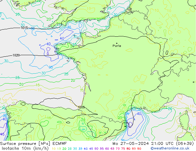 Isotachs (kph) ECMWF lun 27.05.2024 21 UTC