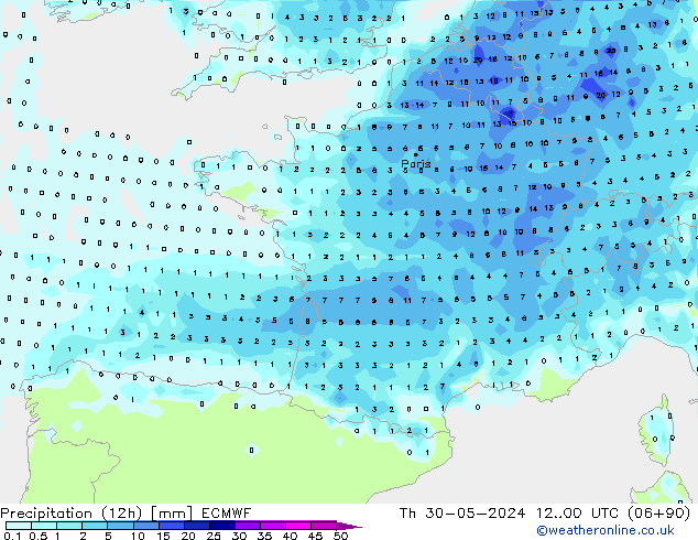 Precipitation (12h) ECMWF Th 30.05.2024 00 UTC