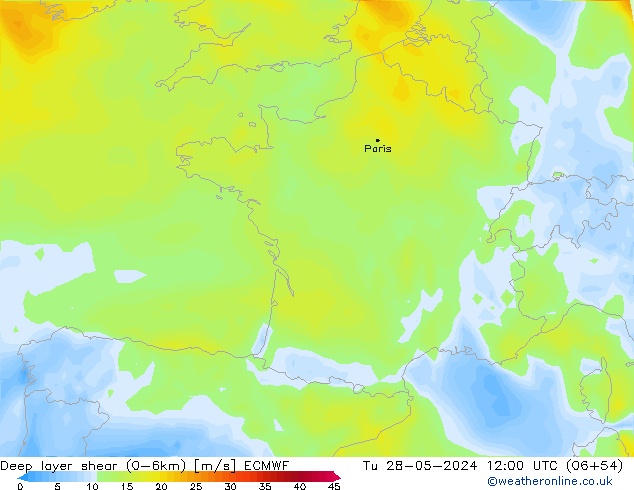 Deep layer shear (0-6km) ECMWF di 28.05.2024 12 UTC