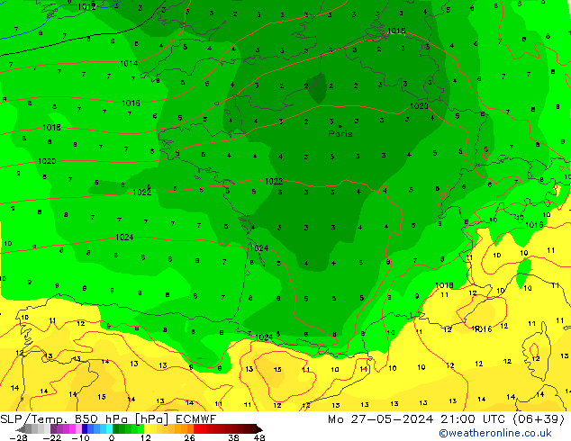 SLP/Temp. 850 hPa ECMWF lun 27.05.2024 21 UTC