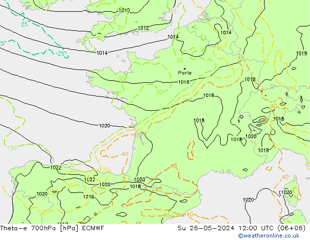 Theta-e 700hPa ECMWF Su 26.05.2024 12 UTC