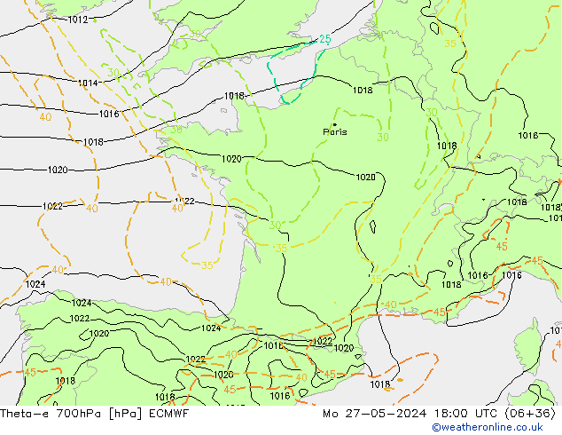Theta-e 700hPa ECMWF Mo 27.05.2024 18 UTC