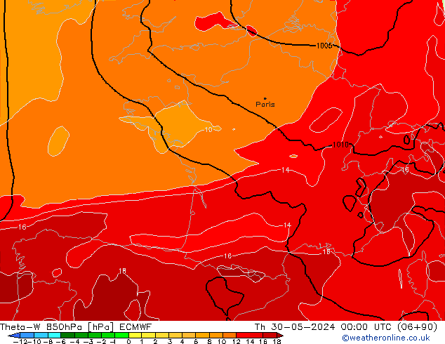 Theta-W 850hPa ECMWF Qui 30.05.2024 00 UTC