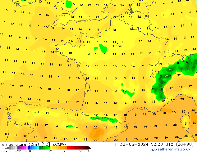 Temperature (2m) ECMWF Th 30.05.2024 00 UTC