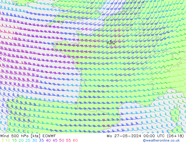 Viento 500 hPa ECMWF lun 27.05.2024 00 UTC