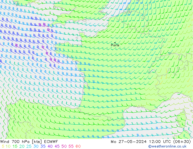 Vento 700 hPa ECMWF lun 27.05.2024 12 UTC