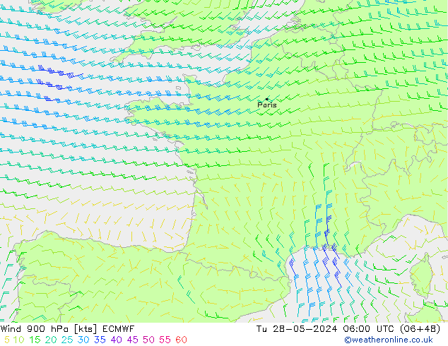 Wind 900 hPa ECMWF di 28.05.2024 06 UTC