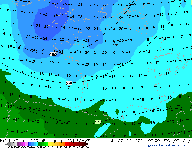 Height/Temp. 500 hPa ECMWF Mo 27.05.2024 06 UTC