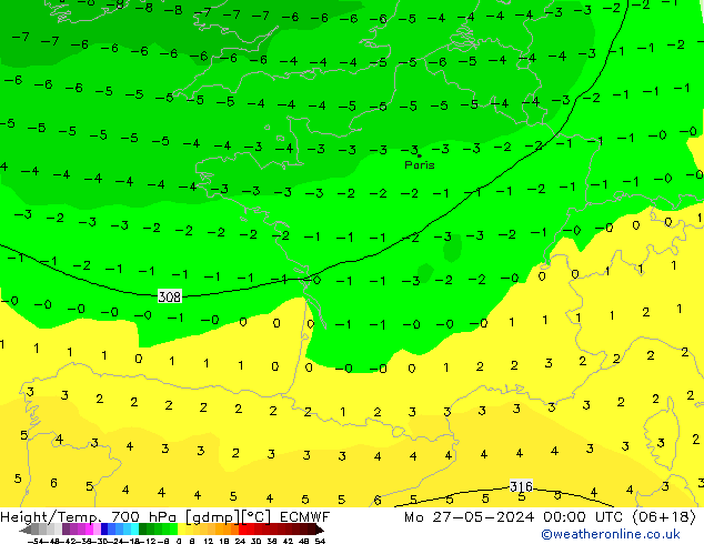 Geop./Temp. 700 hPa ECMWF lun 27.05.2024 00 UTC