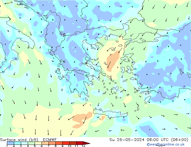 Bodenwind (bft) ECMWF So 26.05.2024 06 UTC