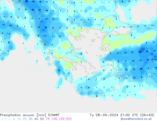 Precipitation accum. ECMWF Tu 28.05.2024 21 UTC