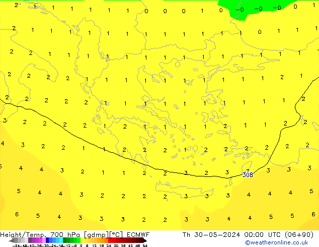 Height/Temp. 700 гПа ECMWF чт 30.05.2024 00 UTC