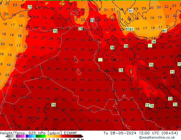 Height/Temp. 925 hPa ECMWF Tu 28.05.2024 12 UTC