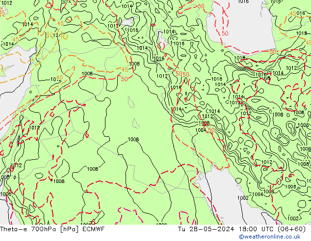 Theta-e 700hPa ECMWF Tu 28.05.2024 18 UTC