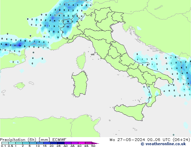 Precipitation (6h) ECMWF Mo 27.05.2024 06 UTC