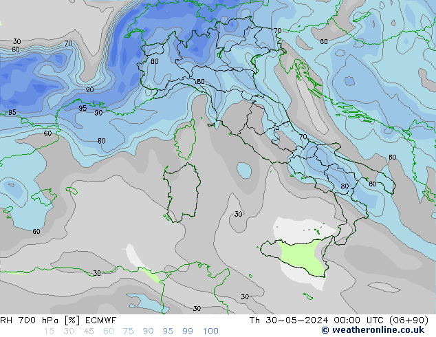 RH 700 hPa ECMWF Th 30.05.2024 00 UTC