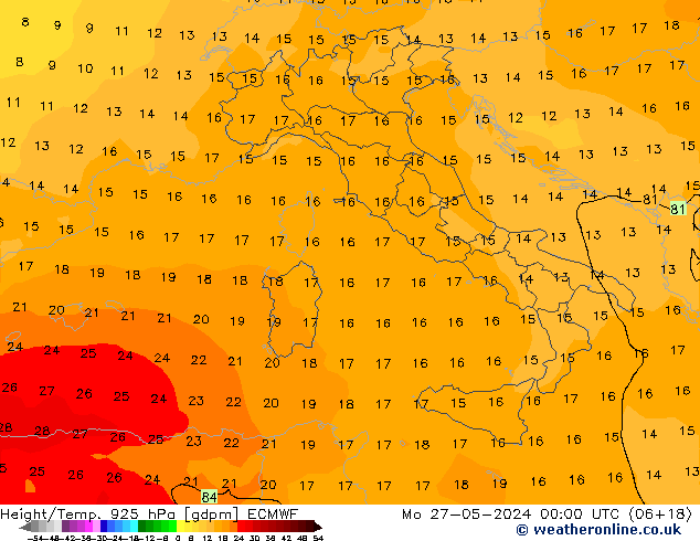 Height/Temp. 925 hPa ECMWF Mo 27.05.2024 00 UTC