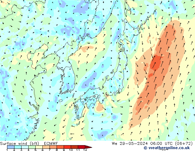 Vent 10 m (bft) ECMWF mer 29.05.2024 06 UTC