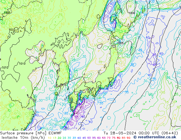 Isotachs (kph) ECMWF вт 28.05.2024 00 UTC